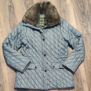 Eddie Bauer Light Blue Quilted Puffer Jacket with Faux Fur Collar